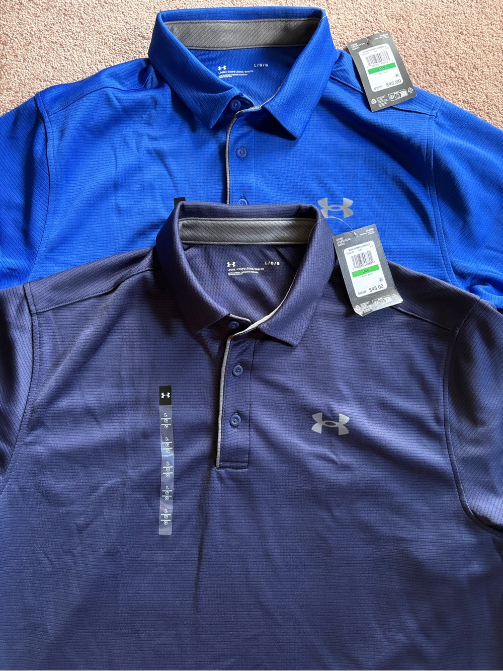 Under Armour Men’s set of 2 Gold polo shirts office casual size large NWT